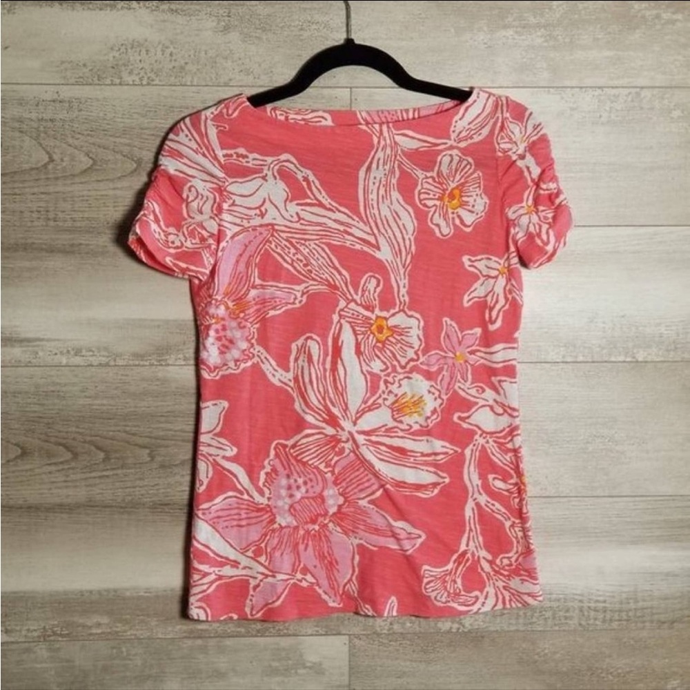 Lilly Pulitzer Pink Lana Boat Neck Ruched Sleeve T-Shirt Glamorous Life Size S